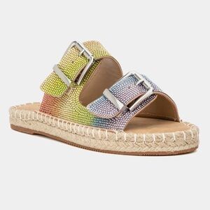 Gianni Bini Yellow and Green Espadrille Sandals rainbow rhinestone